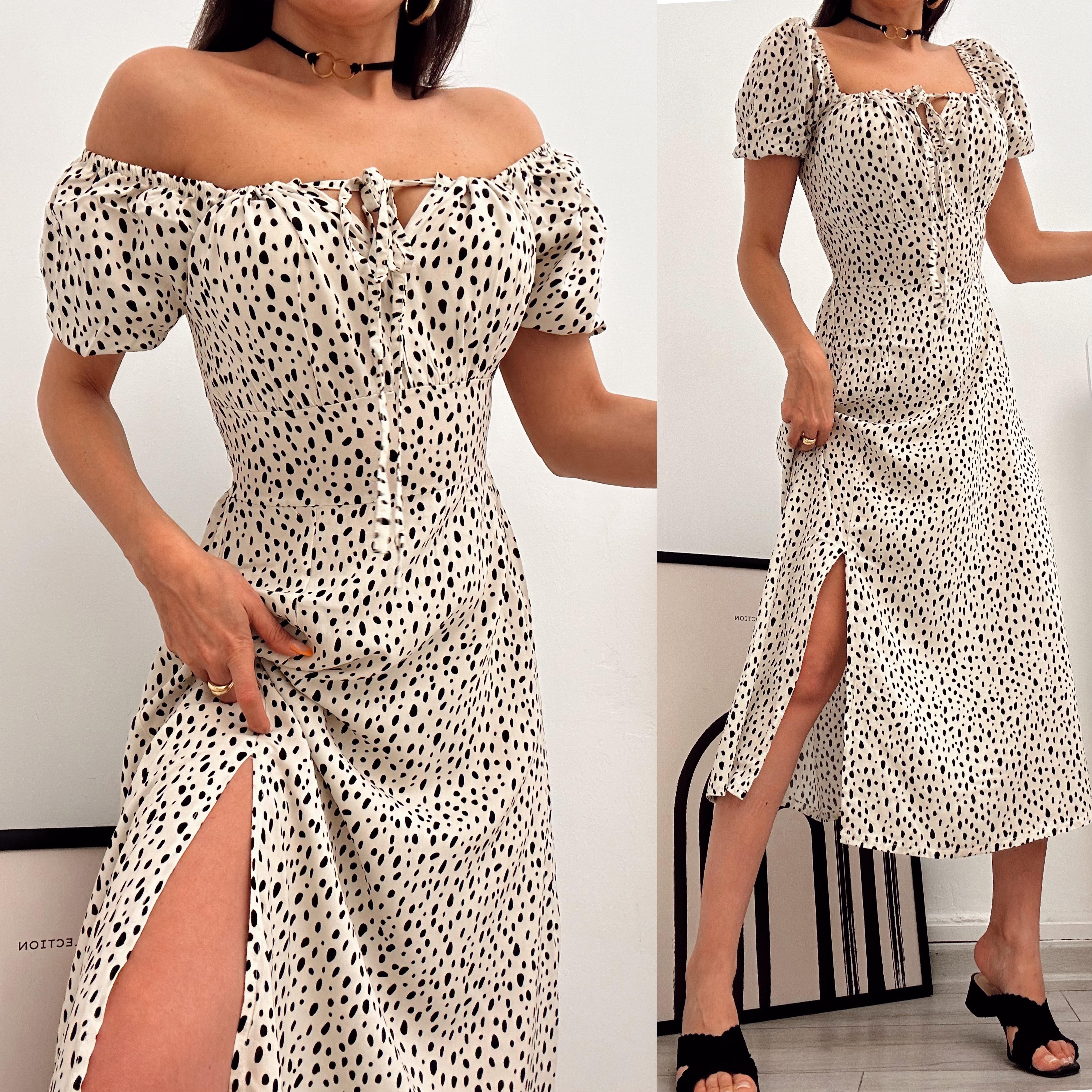 POINTED YIRTMAÇLI DESENLİ ELBİSE EKRU