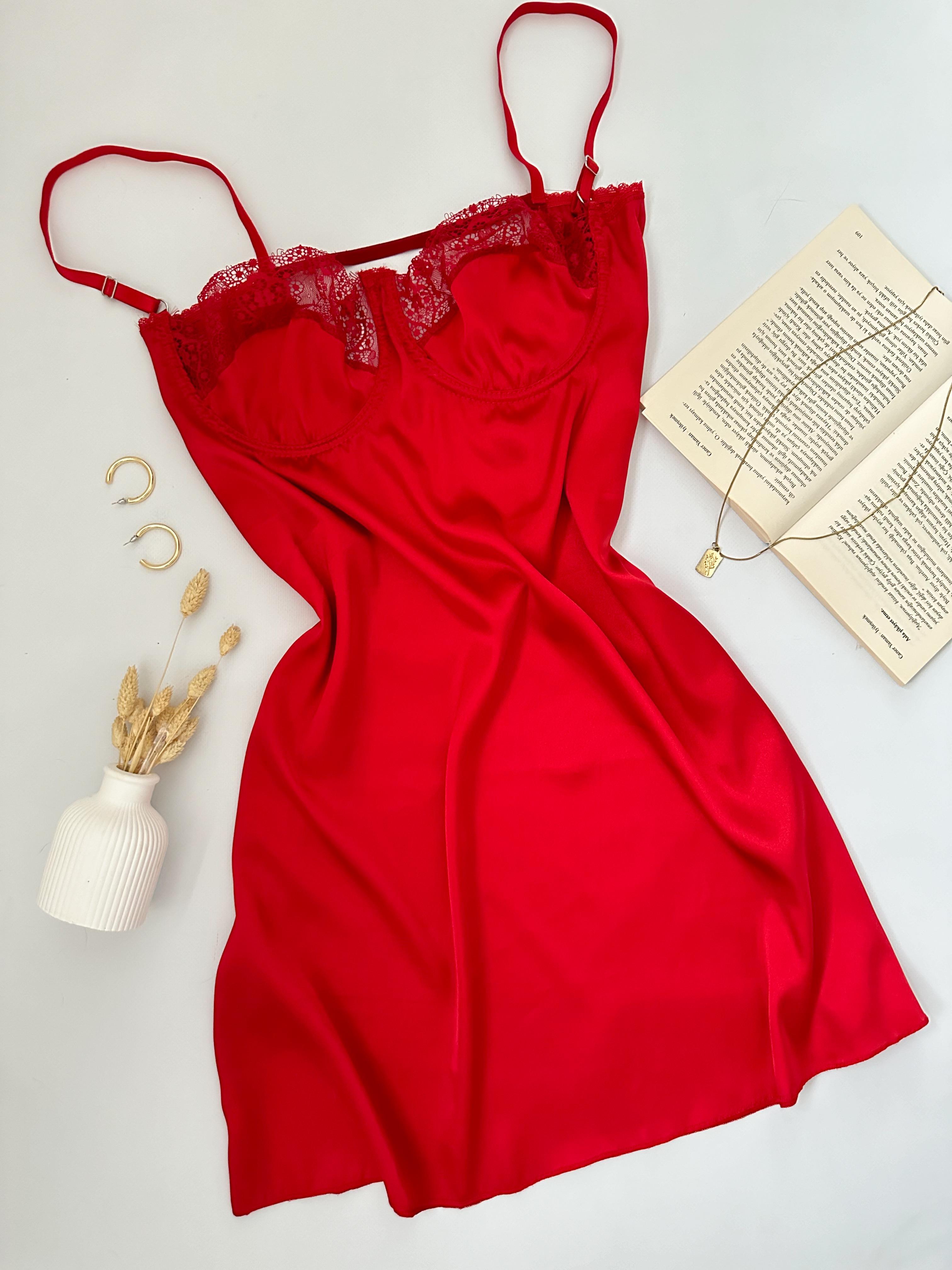 PREMIUM SATEN SIRT DEKOLTELİ GECELİK KIRMIZI