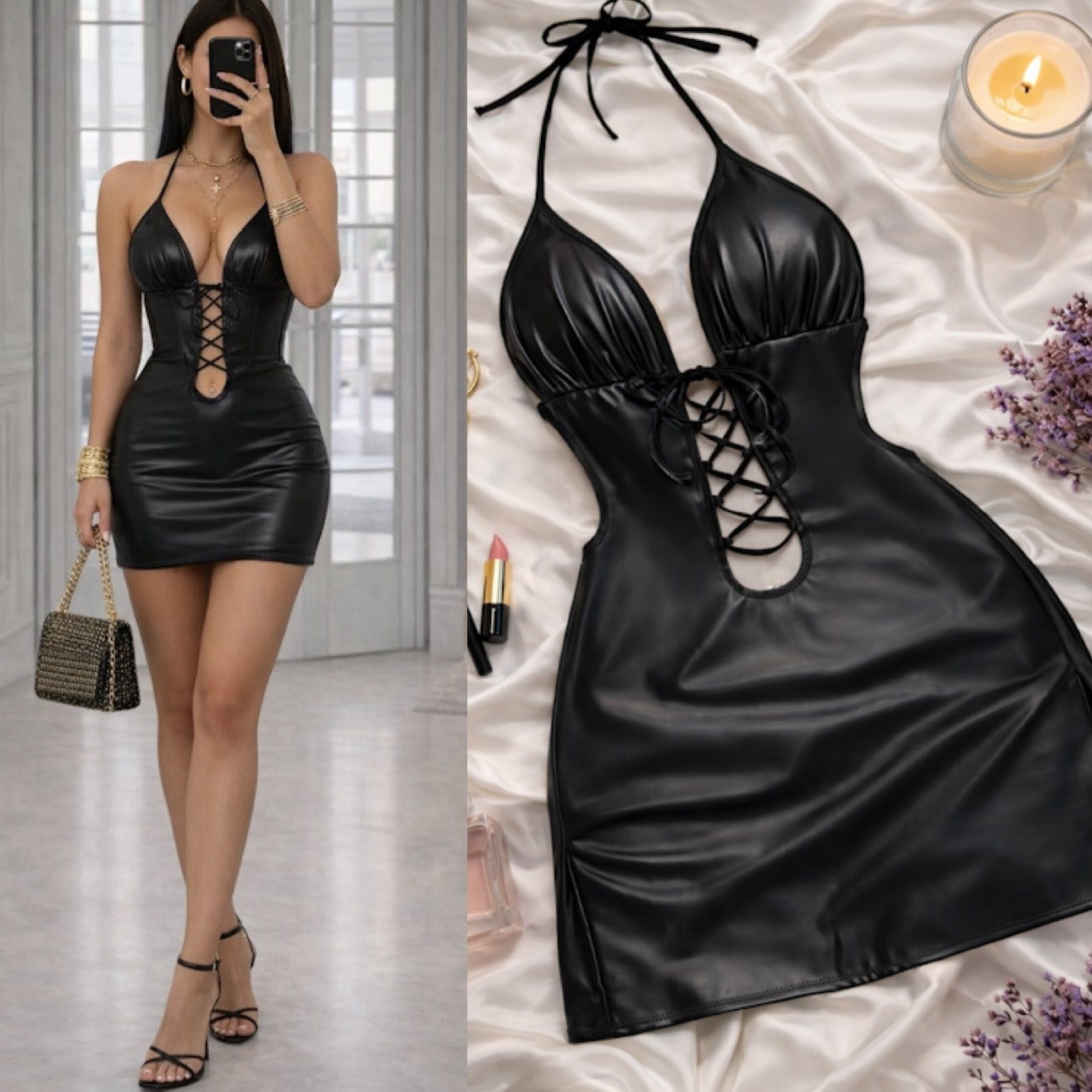 RENV ESNEK DERİ GÖRÜNÜMLÜ ELBİSE