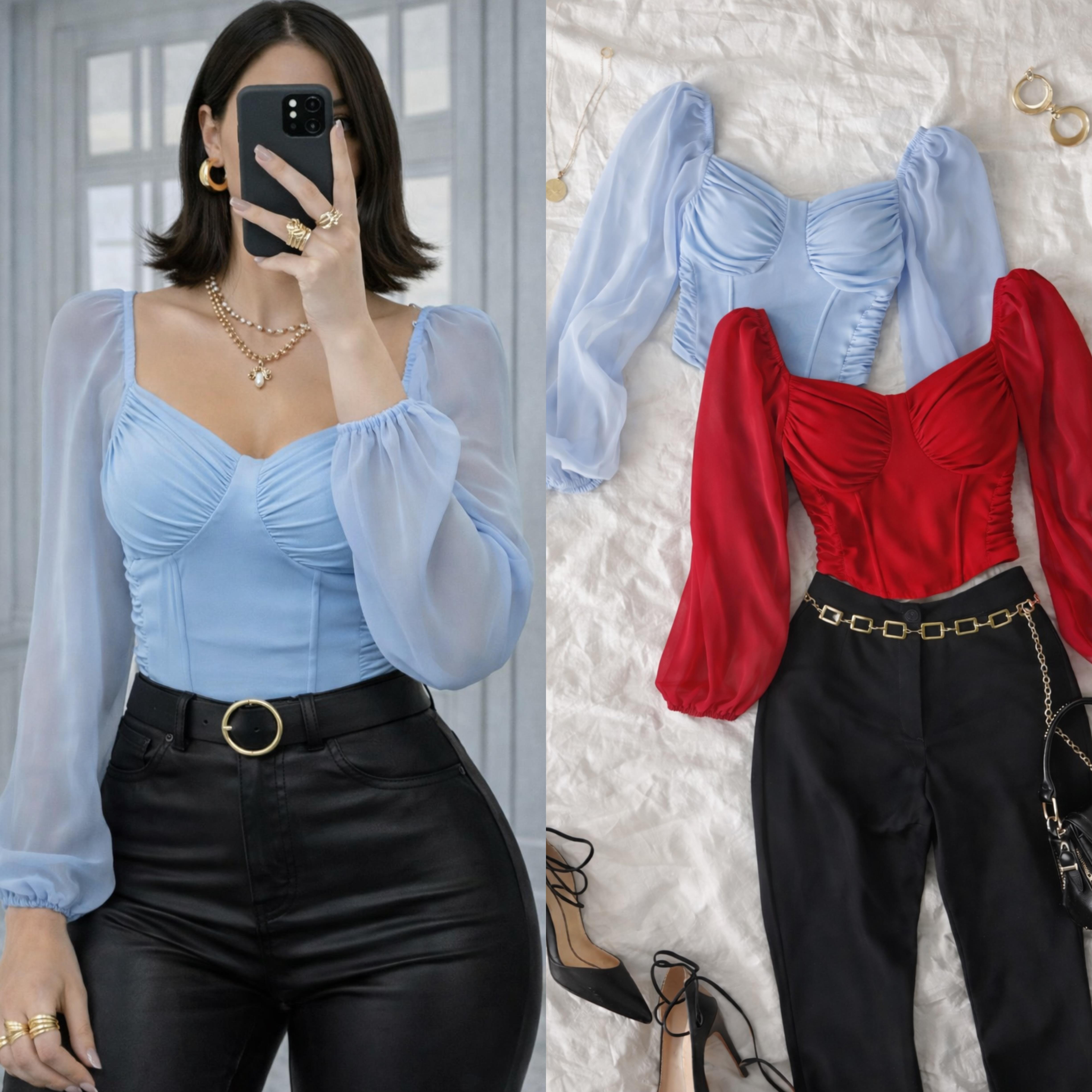 ROI ŞİFON KOLLU BLUZ