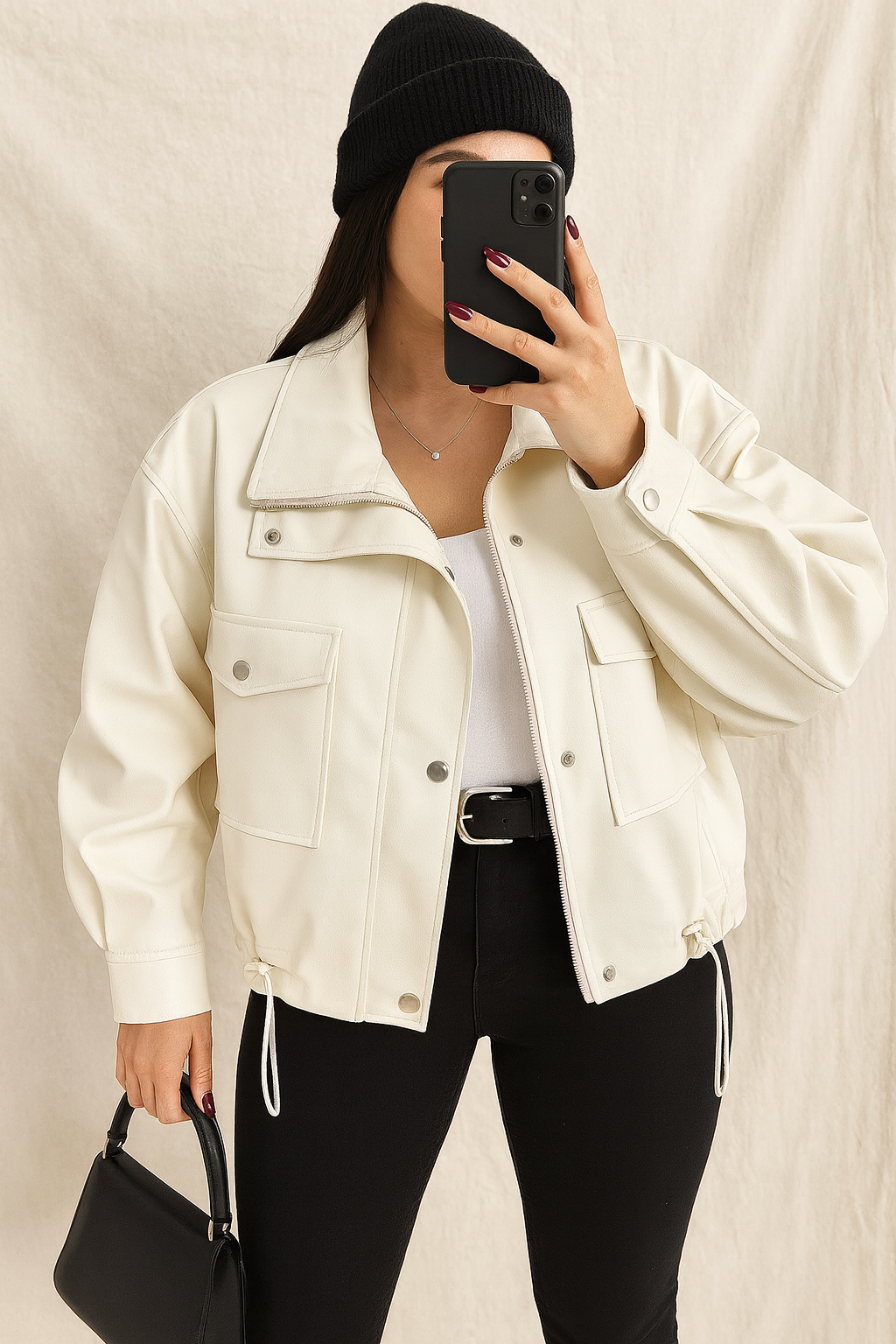 ROINA OVERSIZE CEPLİ DERİ CEKET WHITE 