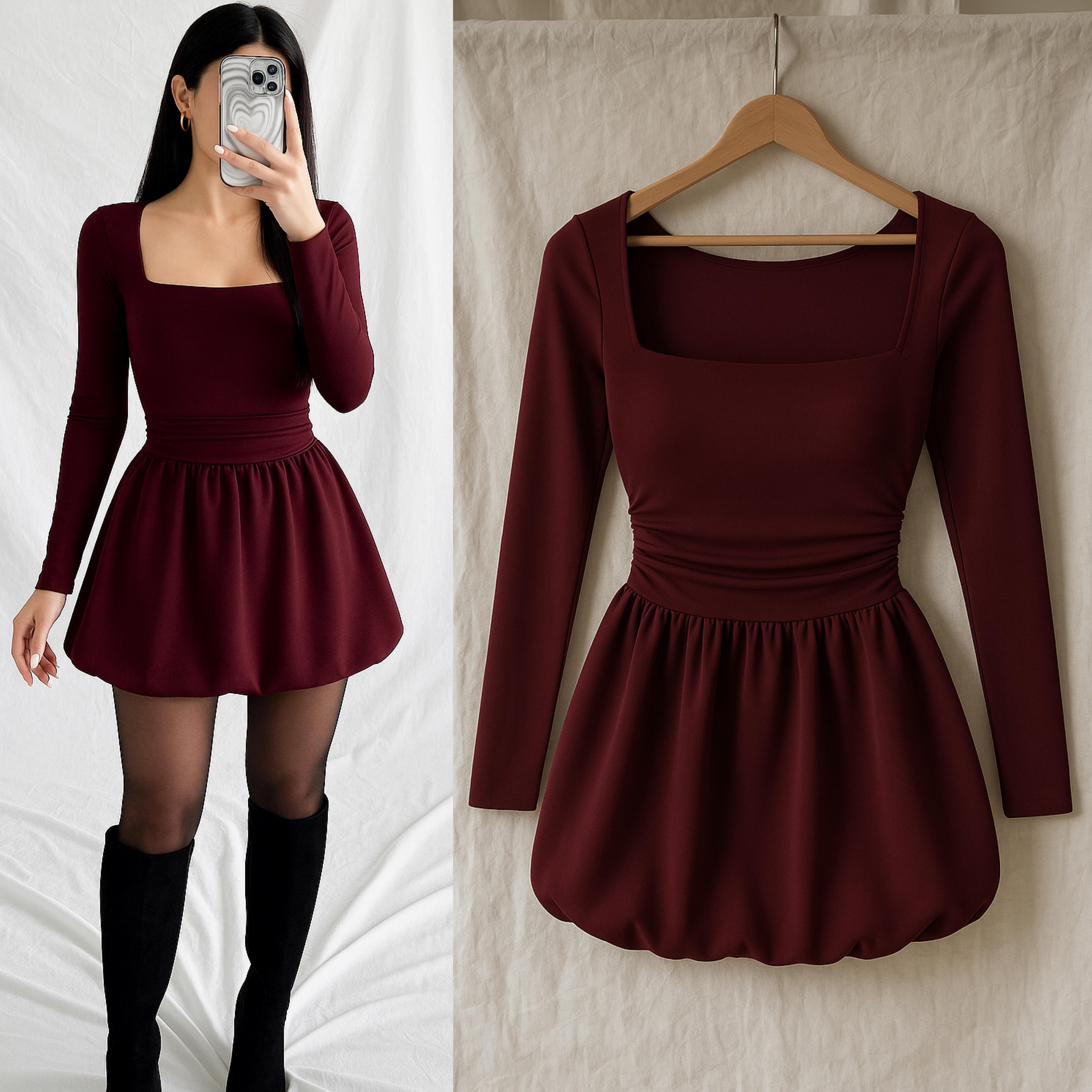 ROSALINA KARE YAKA MİNİ ELBİSE