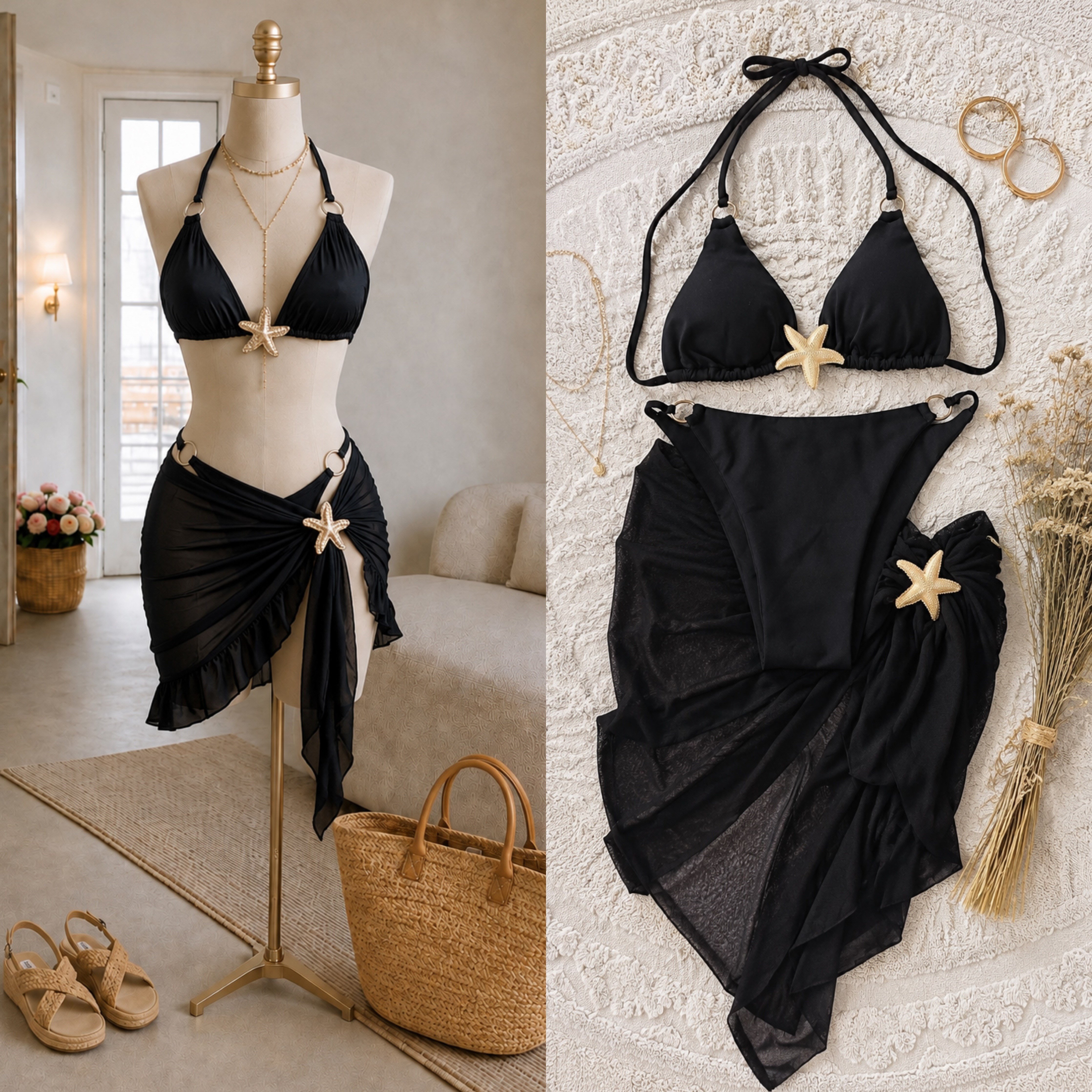 STARS PEDLİ AKSESUARLI BİKİNİ PAREO 3'LÜ SET