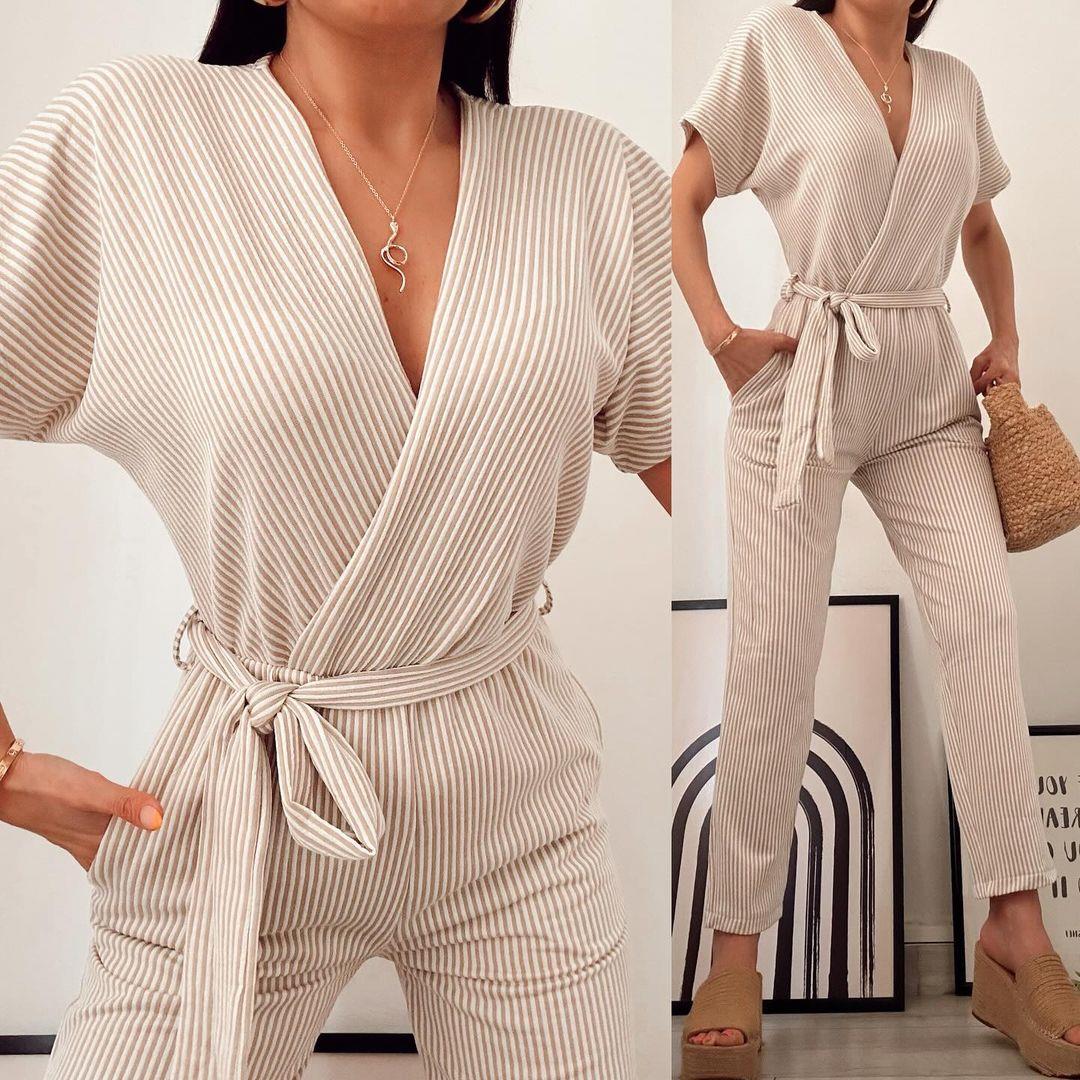 TAMARA ÇİZGİLİ KRUVAZE TULUM KREM ÇİZGİLİ