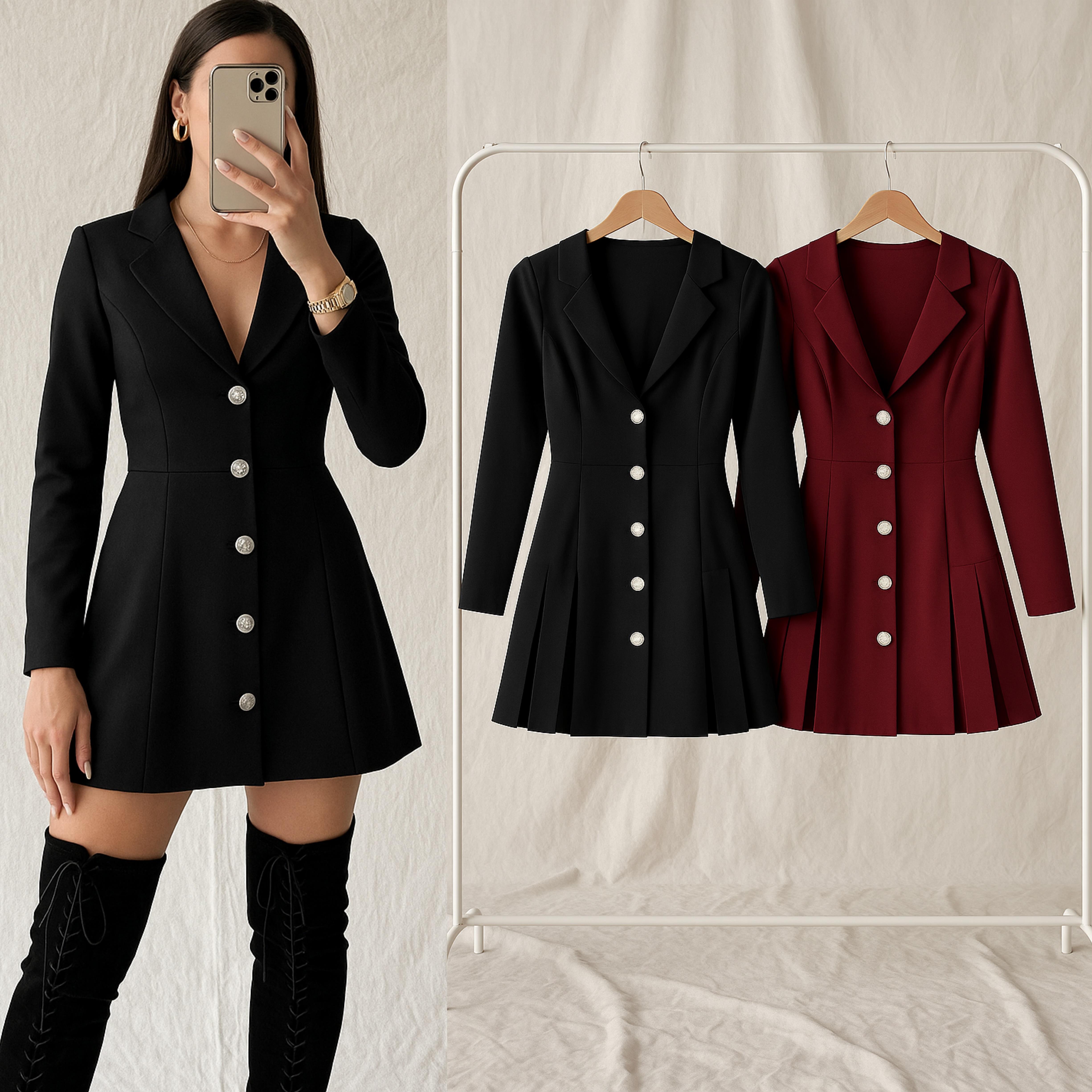 VARENA DÜĞMELİ PİLİLİ ELBİSE