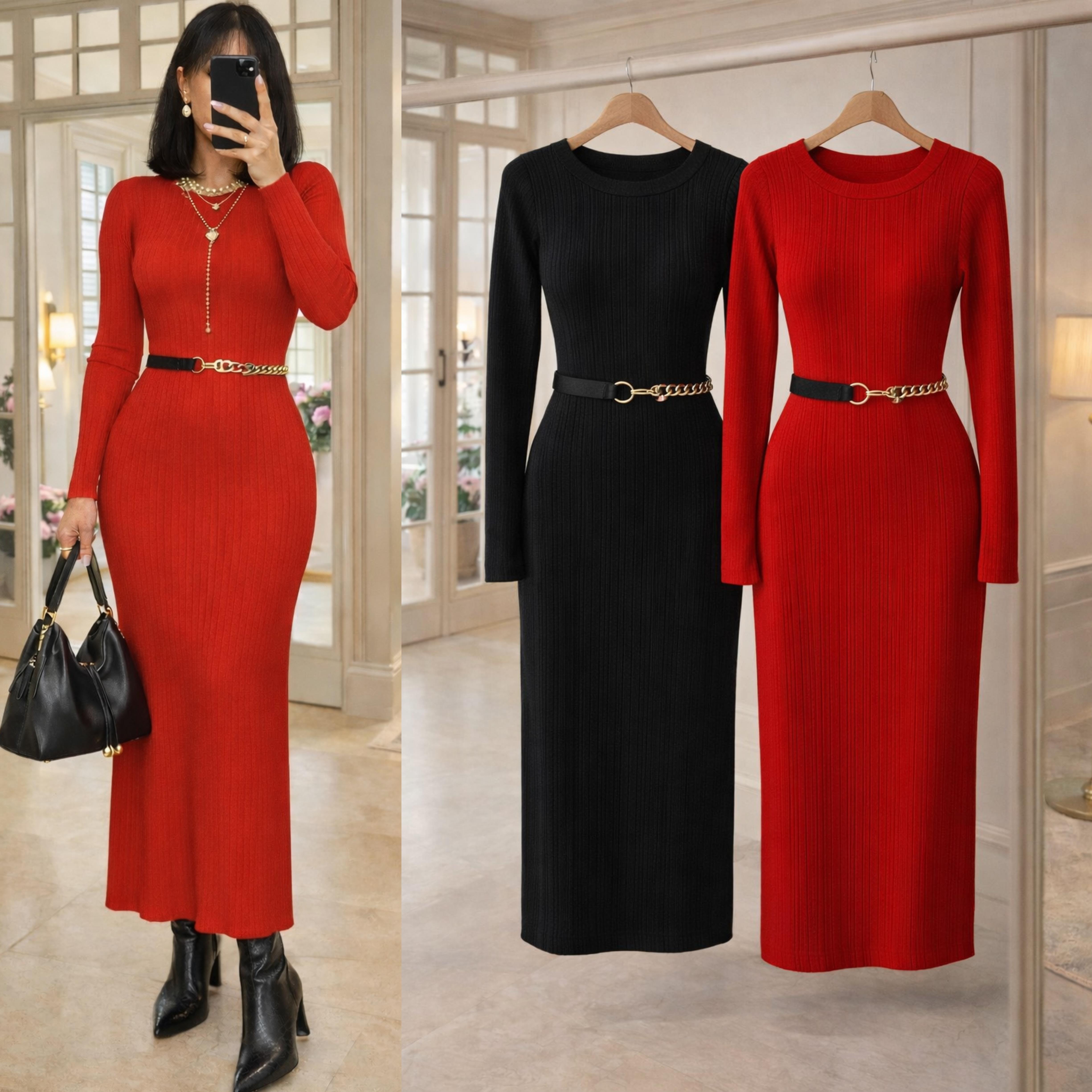 VINALA ÇIKARILABİLİR KEMERLİ TRİKO ELBİSE