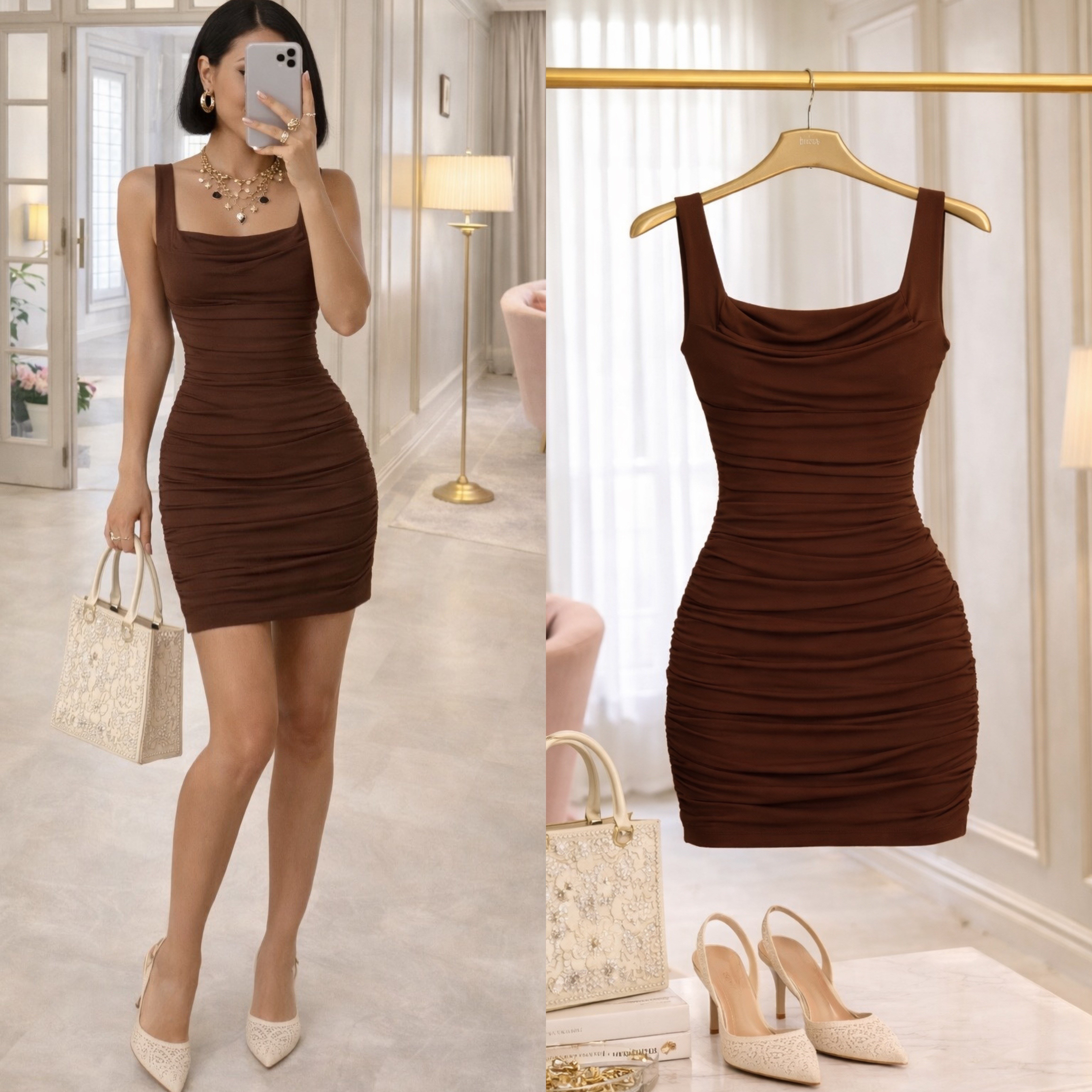 YUNA KARE YAKA SANDY ELBİSE