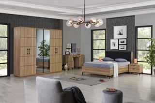 Kzn Moderna Ceviz 2 Kapak Aynalı Yatak Odası Takımı- BazalıModern Yatak Odası Takımı