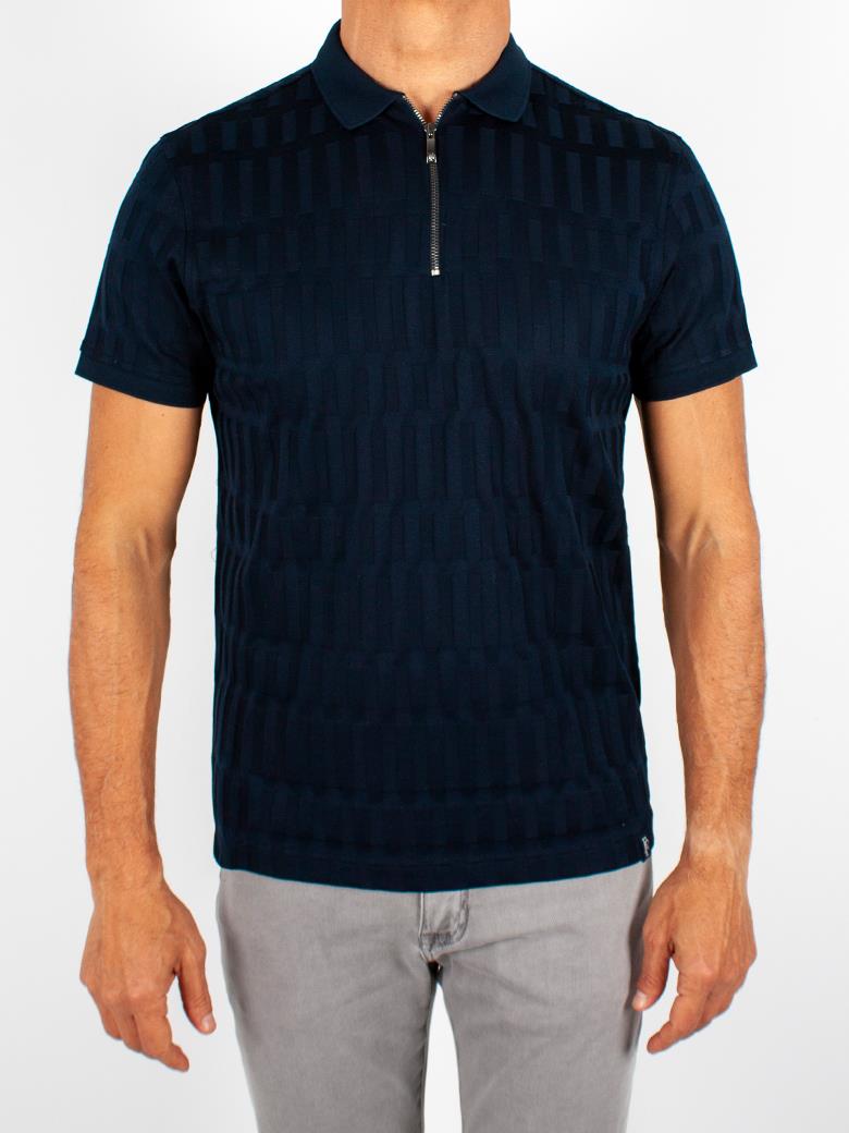 Regular Fit Desenli Fermuarlı Merserize %100 Pamuk Koyu Lacivert Polo Tişört