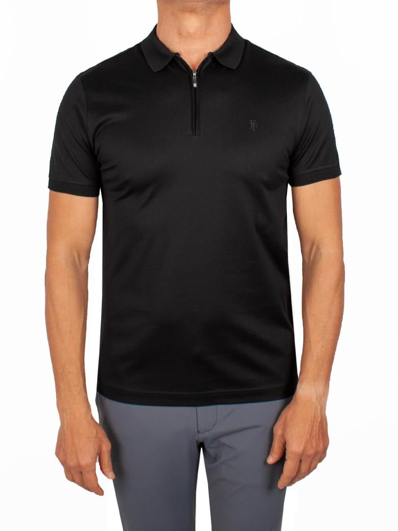 Regular Fit Fermuarlı Merserize %100 Pamuk Siyah Polo Tişört