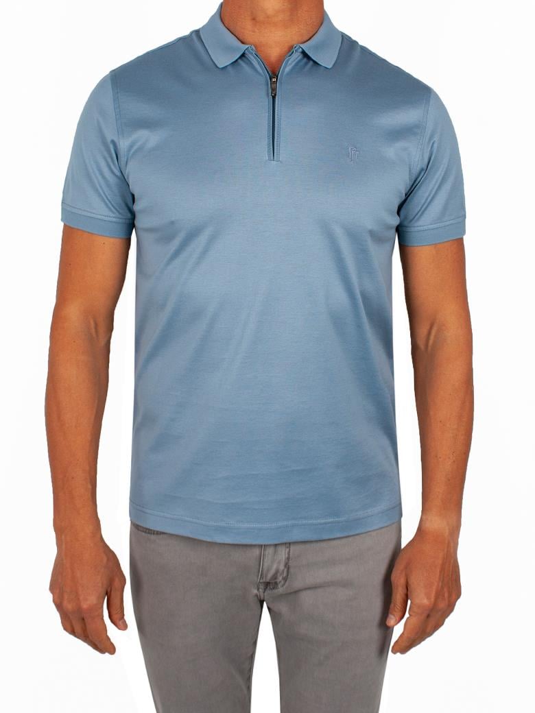 Regular Fit Fermuarlı Merserize %100 Pamuk Mavi Polo Tişört