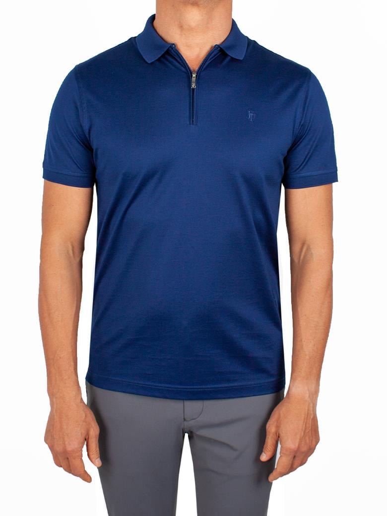 Regular Fit Fermuarlı Merserize %100 Pamuk Açık Lacivert Polo Tişört