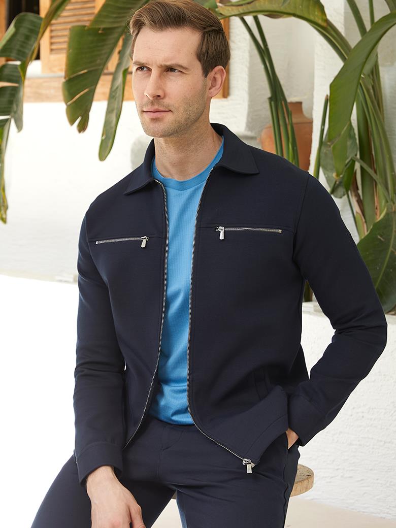 Regular Fit Pamuk Karışımlı Fermuarlı İnterlock Siyah Ceket