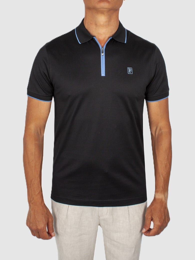 Regular Fit Yaka Detaylı Fermuarlı Merserize Siyah Polo Tişört