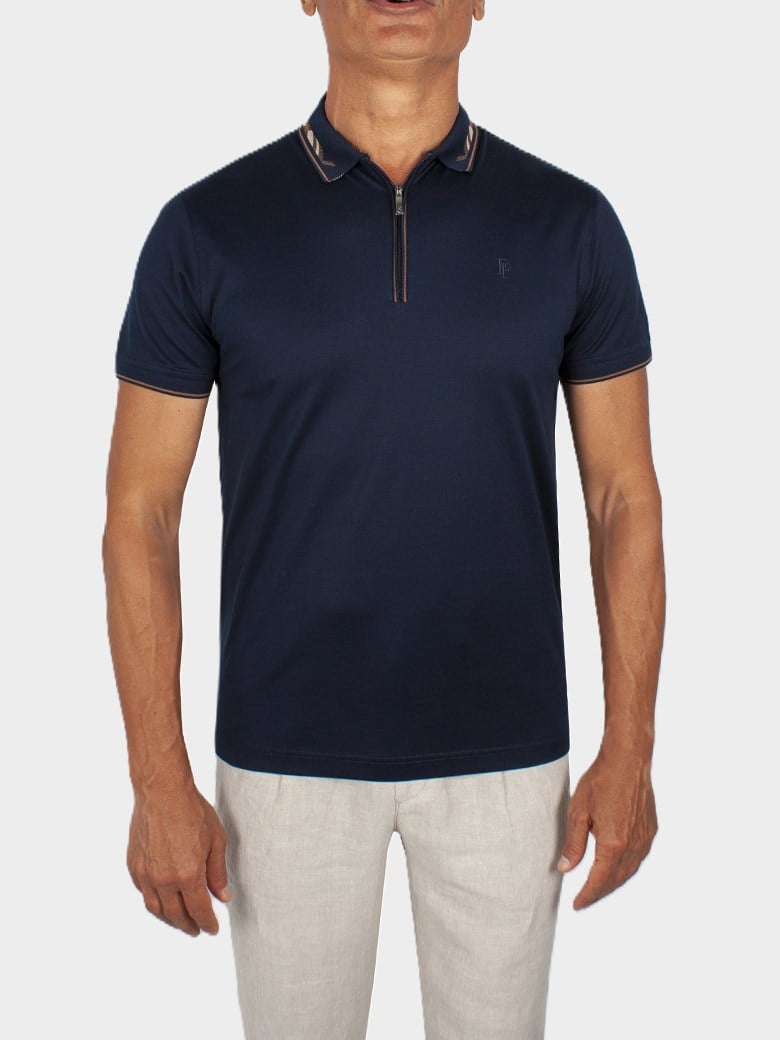 Regular Fit Yaka Detaylı Fermuarlı Merserize %100 Pamuk Koyu Lacivert Polo Tişört