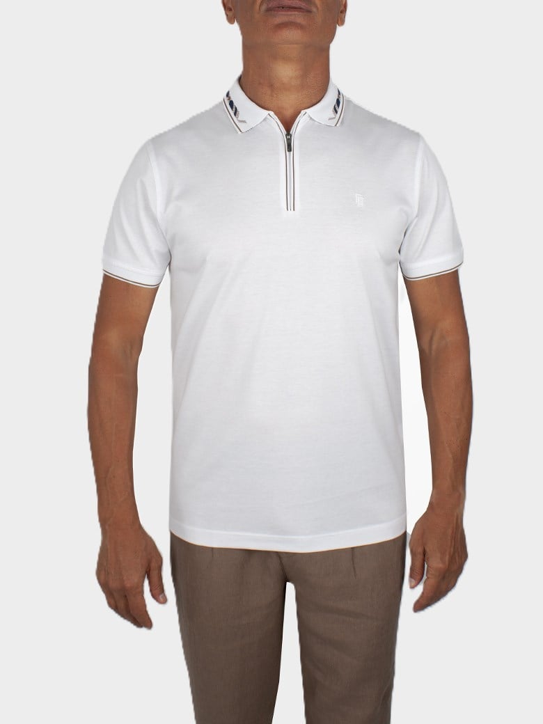 Regular Fit Yaka Detaylı Fermuarlı Merserize %100 Pamuk Beyaz Polo Tişört