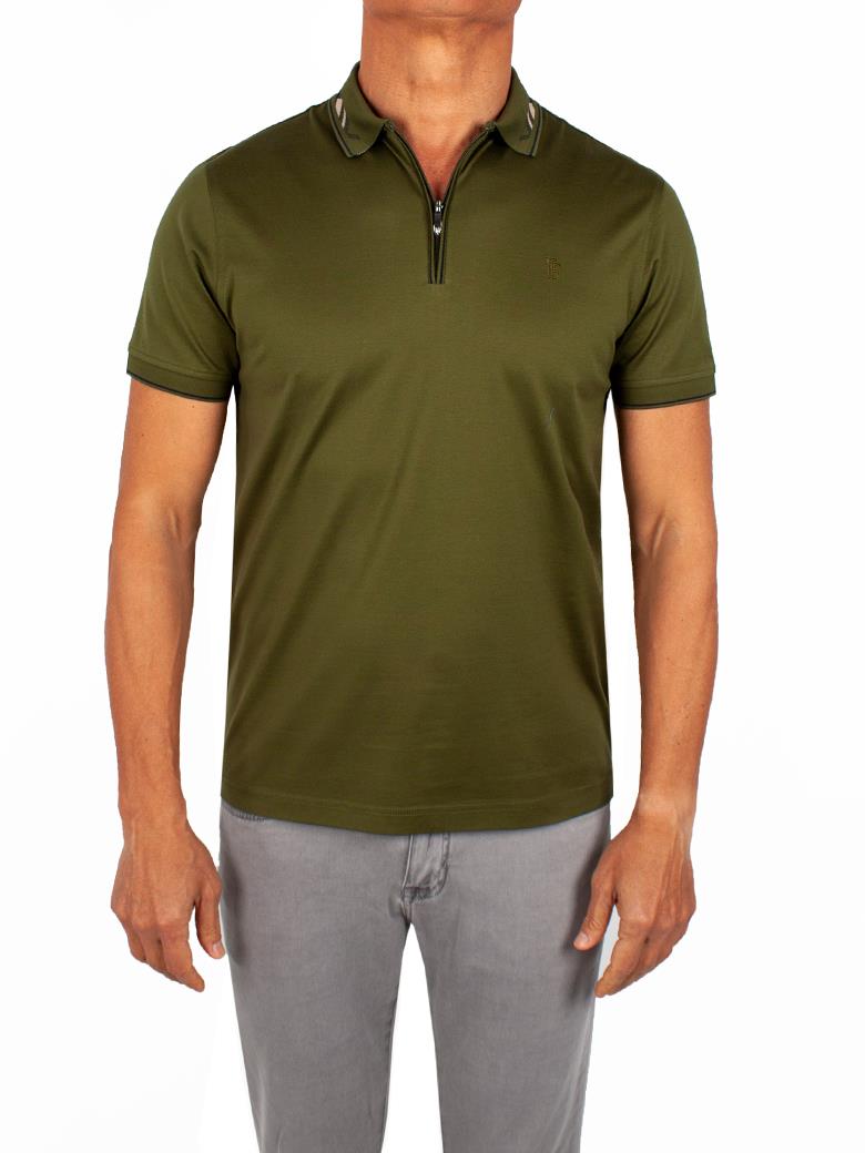 Regular Fit Yaka Detaylı Fermuarlı Merserize %100 Pamuk Haki Polo Tişört