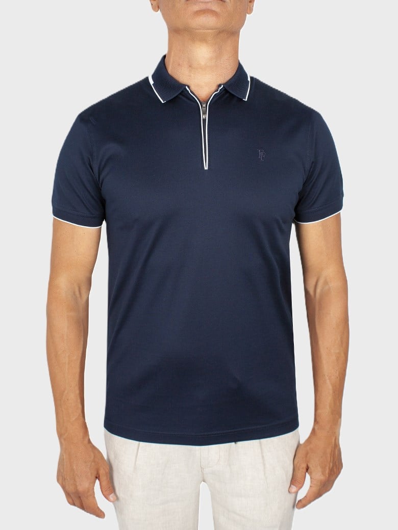Regular Fit Yaka Detaylı Fermuarlı Merserize %100 Pamuk Koyu Lacivert Polo Tişört