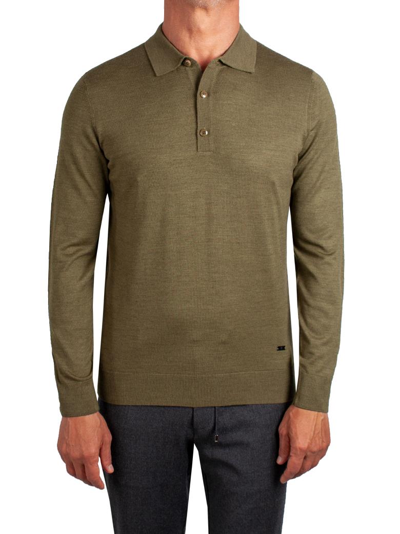 Standart Fit Normal Kesim Polo Yaka Yeşil Triko Yün Kazak