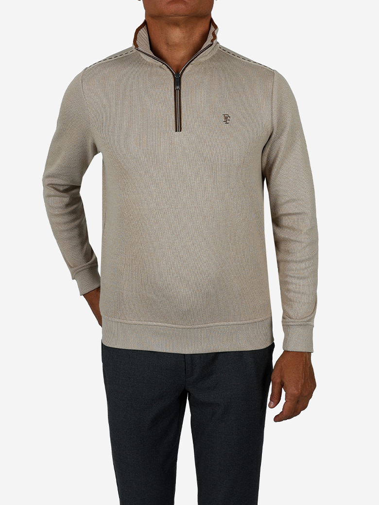 Troyer Yaka Fermuarlı Ekru Sweatshirt