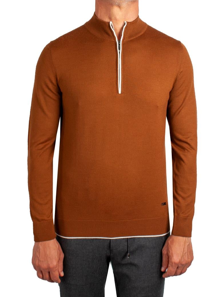 Yarım Balıkçı Fermuarlı Kahve Triko Yün Kazak