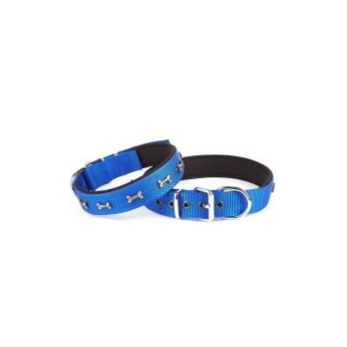 Doggie Konforlu Dokumadan El Yapımı Kemik Süslü Köpek Boyun Tasması 2,5x37-45cm - Royal Blue
