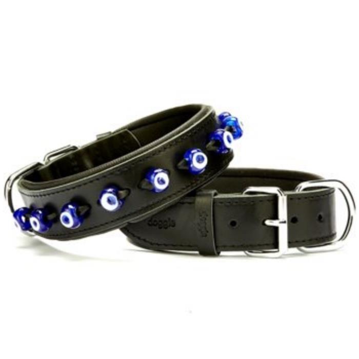 Doggie Konforlu Gerçek Deriden El Yapımı Nazar Boncuklu Köpek Boyun Tasması 4x52-60cm - Black