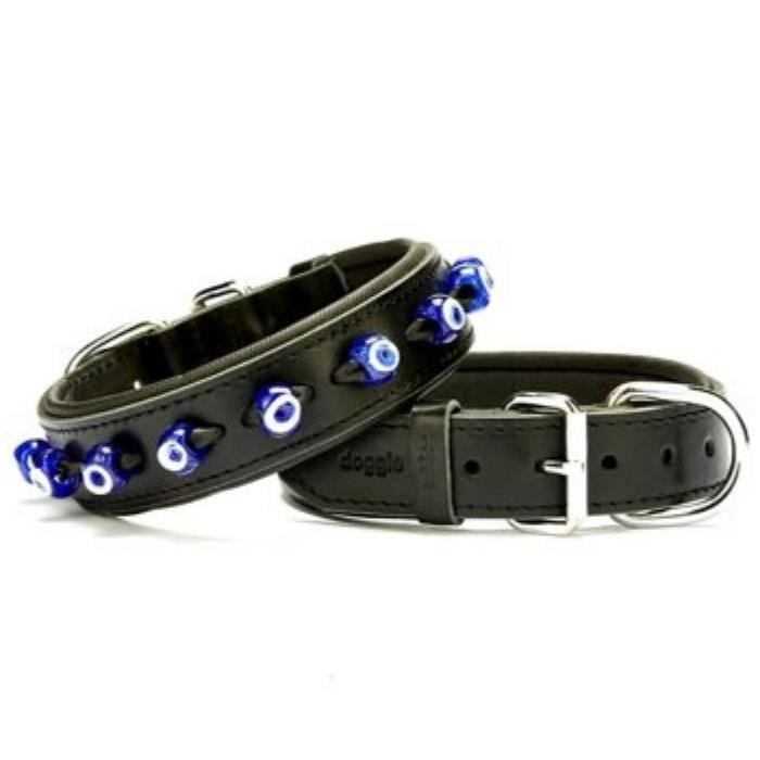 Doggie Konforlu Gerçek Deriden El Yapımı Nazar Boncuklu Köpek Boyun Tasması 3,5x52-60cm - Black