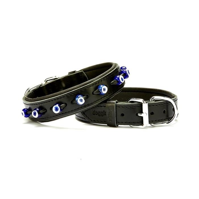 Doggie Konforlu Gerçek Deriden El Yapımı Nazar Boncuklu Köpek Boyun Tasması 3x42-50cm - Black