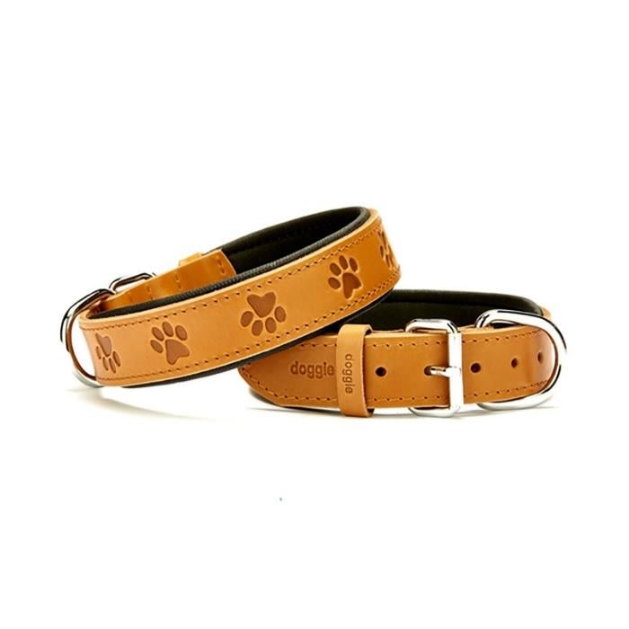 Doggie Konforlu Gerçek Deriden El Yapımı Pati Desenli Köpek Boyun Tasması 3,5x47-55cm - Camel