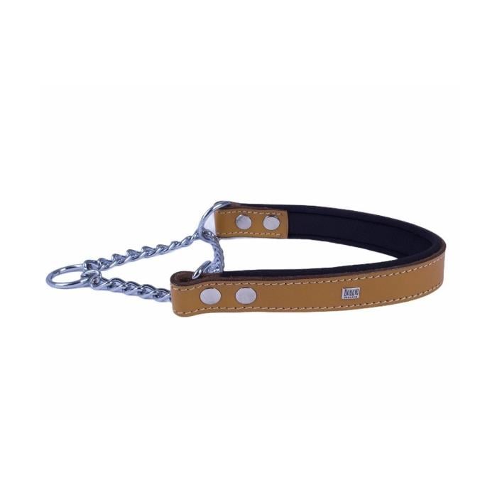 Doggie Konforlu Gerçek Deriden El Yapımı Boğma Zincirli Köpek Boyun Tasması - 2,5x45-55cm - Camel