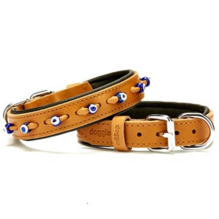 Doggie Konforlu Gerçek Deriden El Yapımı Nazar Boncuklu Köpek Boyun Tasması 2,5x37-45cm - Camel
