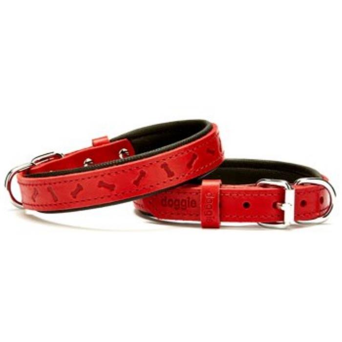 Doggie Konforlu Gerçek Deriden El Yapımı Kemik Desenli Köpek Boyun Tasması 2x35-40cm - Red