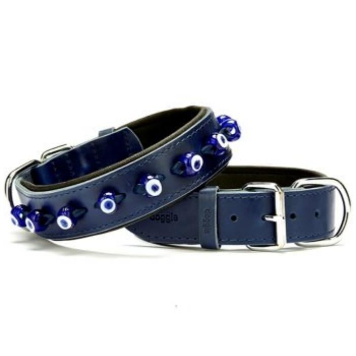 Doggie Konforlu Gerçek Deriden El Yapımı Nazar Boncuklu Köpek Boyun Tasması 4x47-55cm - Royal Blue