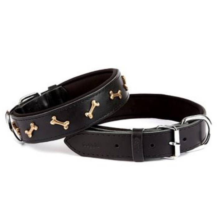 Doggie Konforlu Gerçek Deriden El Yapımı Kemik Süslü Köpek Boyun Tasması 3x42-50cm - Black
