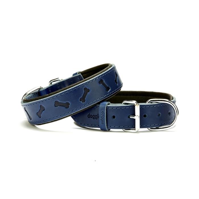 Doggie Konforlu Gerçek Deriden El Yapımı Kemik Desenli Köpek Boyun Tasması 3,5x47-55cm - Royal Blue