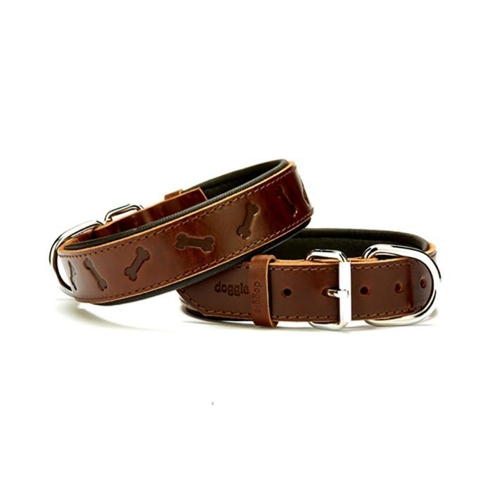 Doggie Konforlu Gerçek Deriden El Yapımı Kemik Desenli Köpek Boyun Tasması 3,5x47-55cm - Brown