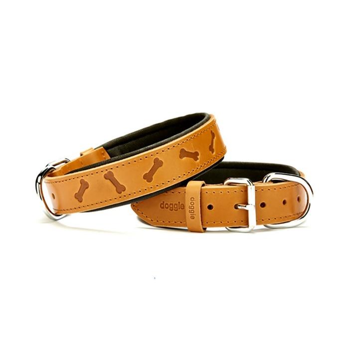Doggie Konforlu Gerçek Deriden El Yapımı Kemik Desenli Köpek Boyun Tasması 3,5x47-55cm - Camel