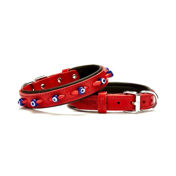 Doggie Konforlu Gerçek Deriden El Yapımı Nazar Boncuklu Köpek Boyun Tasması 2x30-35cm - Red