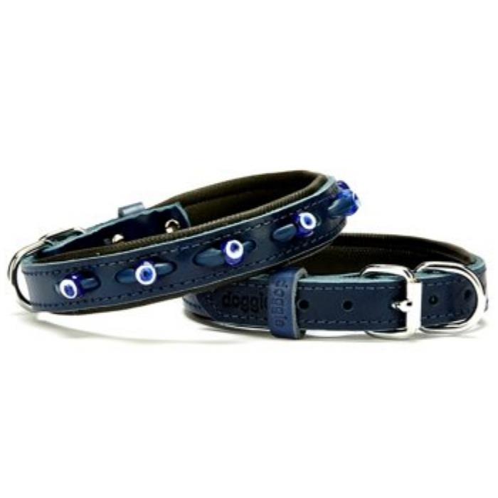 Doggie Konforlu Gerçek Deriden El Yapımı Nazar Boncuklu Köpek Boyun Tasması 2x30-35cm - Royal Blue