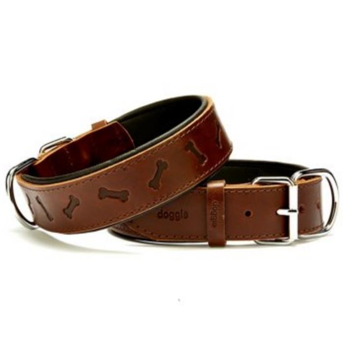 Doggie Konforlu Gerçek Deriden El Yapımı Kemik Desenli Köpek Boyun Tasması 4x52-60cm - Brown