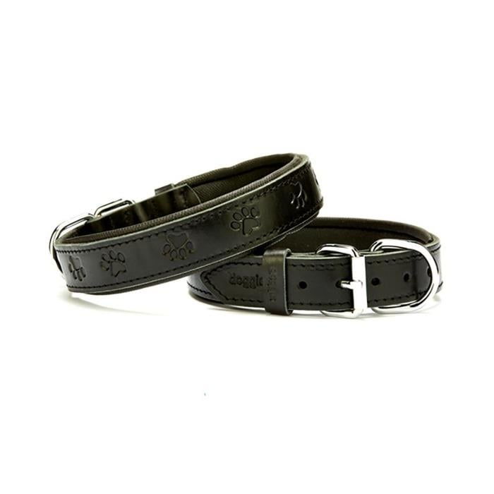 Doggie Konforlu Gerçek Deriden El Yapımı Pati Desenli Köpek Boyun Tasması 3x42-50cm - Black