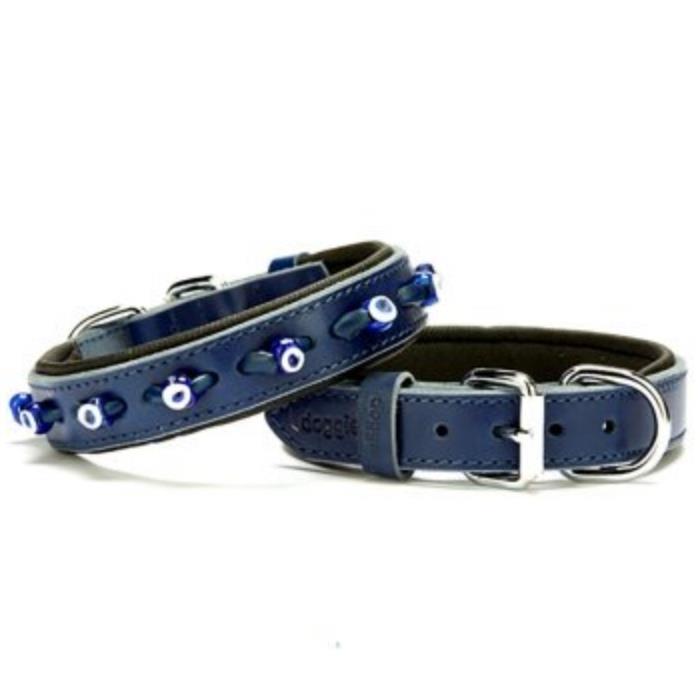 Doggie Konforlu Gerçek Deriden El Yapımı Nazar Boncuklu Köpek Boyun Tasması 2,5x37-45cm - Royal Blue