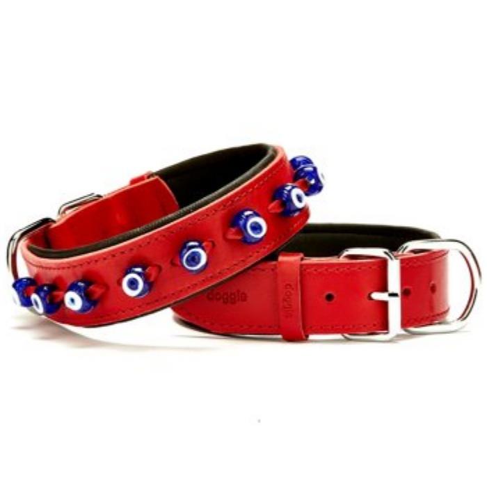 Doggie Konforlu Gerçek Deriden El Yapımı Nazar Boncuklu Köpek Boyun Tasması 4x47-55cm - Red