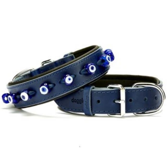 Doggie Konforlu Gerçek Deriden El Yapımı Nazar Boncuklu Köpek Boyun Tasması 3,5x47-55cm - Royal Blue