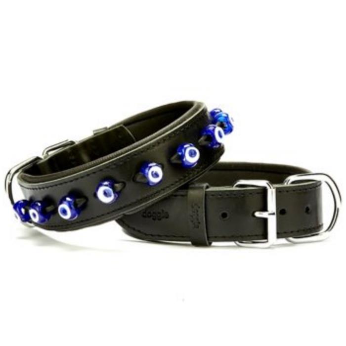 Doggie Konforlu Gerçek Deriden El Yapımı Nazar Boncuklu Köpek Boyun Tasması 4x47-55cm - Black