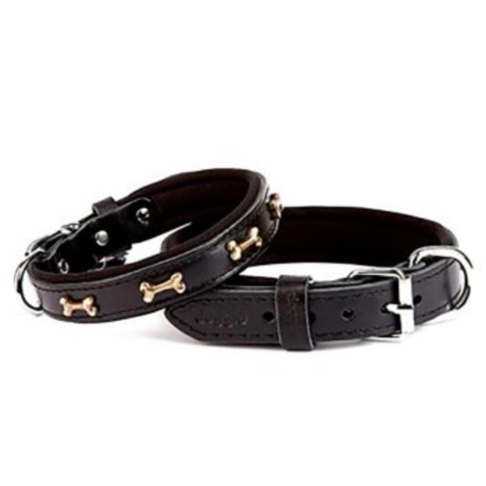 Doggie Konforlu Gerçek Deriden El Yapımı Kemik Süslü Köpek Boyun Tasması 2x35-40cm - Black