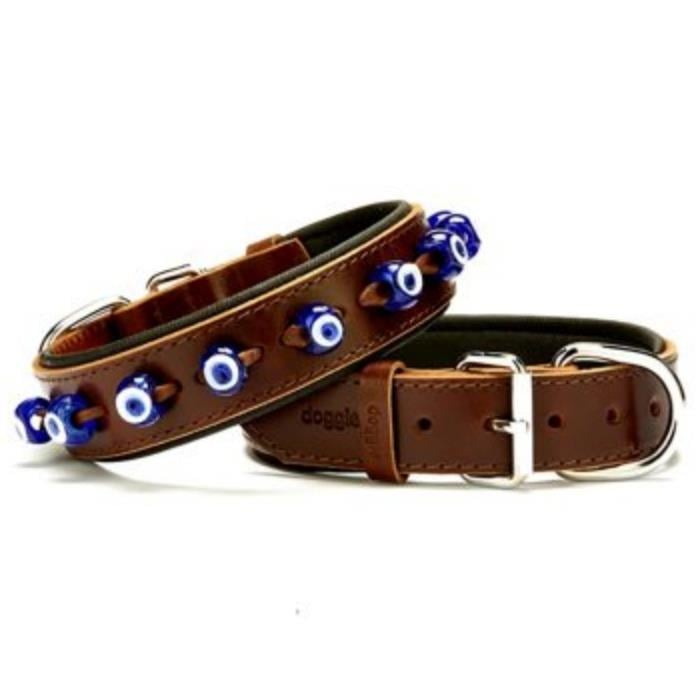 Doggie Konforlu Gerçek Deriden El Yapımı Nazar Boncuklu Köpek Boyun Tasması 3,5x47-55cm - Brown