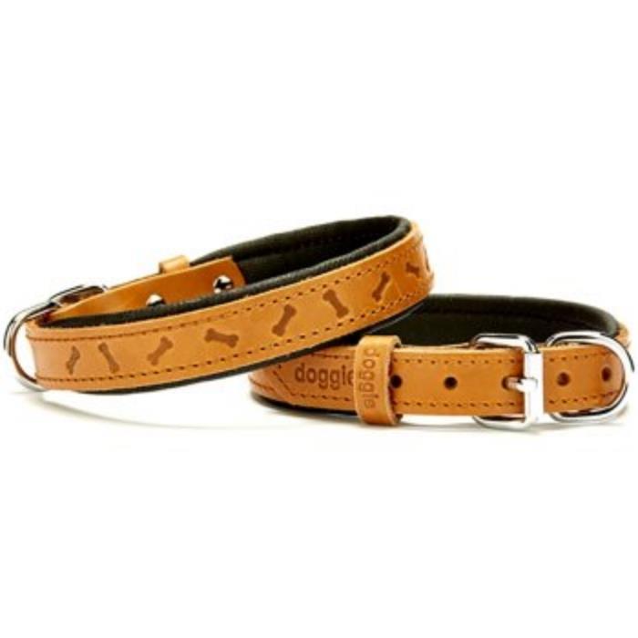 Doggie Konforlu Gerçek Deriden El Yapımı Kemik Desenli Köpek Boyun Tasması 2x30-35cm - Camel