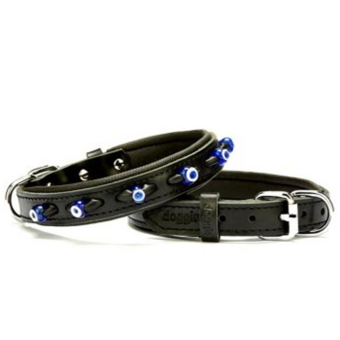 Doggie Konforlu Gerçek Deriden El Yapımı Nazar Boncuklu Köpek Boyun Tasması 2x35-40cm - Black